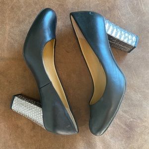 Seychelles black leather metallic block heels